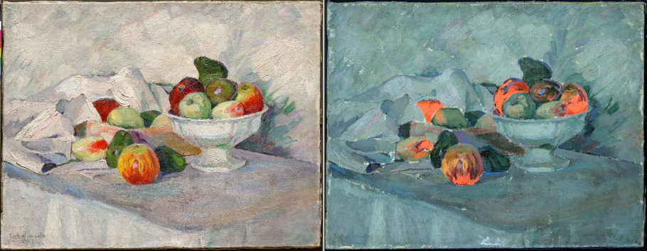 Слева: И.И. Машков. Яблоки и груши на белом. 1908. Инв. 8629. Справа: И.И. Машков. Яблоки и груши на белом. 1908. Инв. 8629. Съемка в отраженных УФ-лучах.
